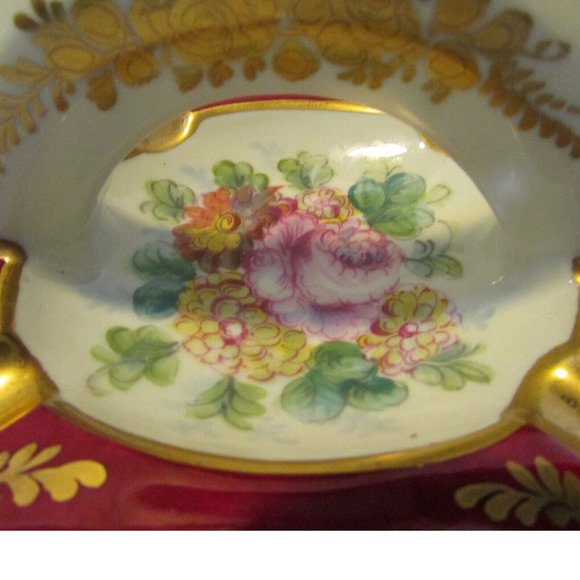 vintage floral ashtray burgundy gold edge handle holds 9 cigarettes France - Picture 7 of 9